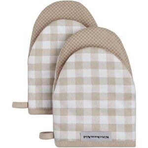 KitchenAid Gingham Mini Oven Mitt 2-Pack Set, Milkshake Tan, 5.5"x8"